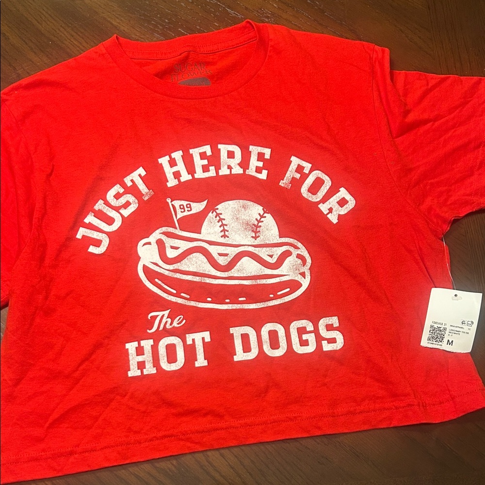 Red Graphic Crop Tee "Just Here For The Hot Dogs"